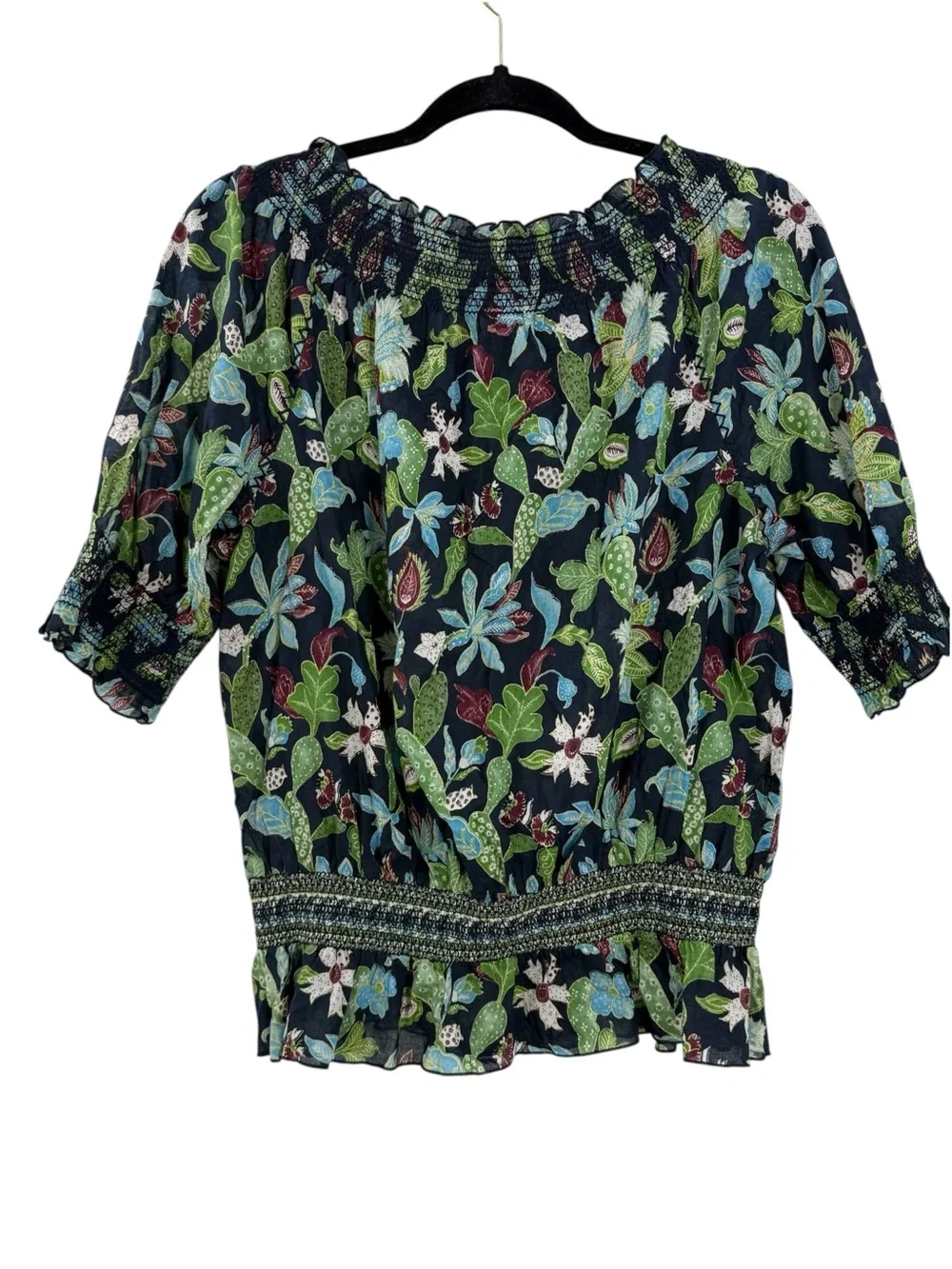Tory Burch Floral Smocked Off Shoulder Cottage Blouse Cactus Print Navy Size 10